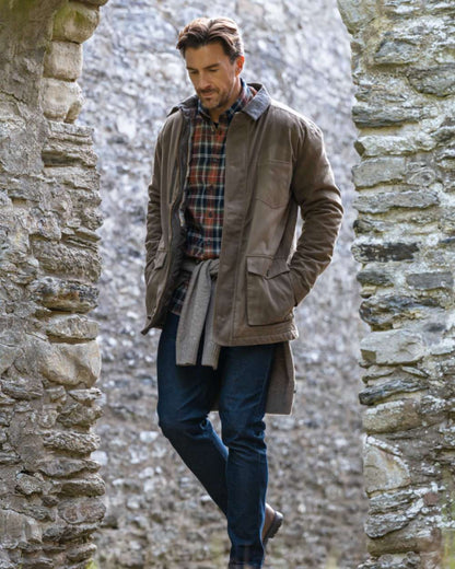 Green Rust Check Coloured Hoggs of Fife Mens Pitcairn Flannel Check Shirt on outdoor background #colour_green-rust-check