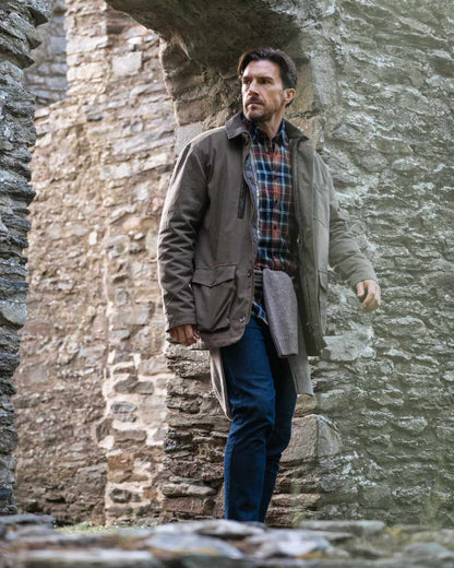 Green Rust Check Coloured Hoggs of Fife Mens Pitcairn Flannel Check Shirt on outdoor background #colour_green-rust-check