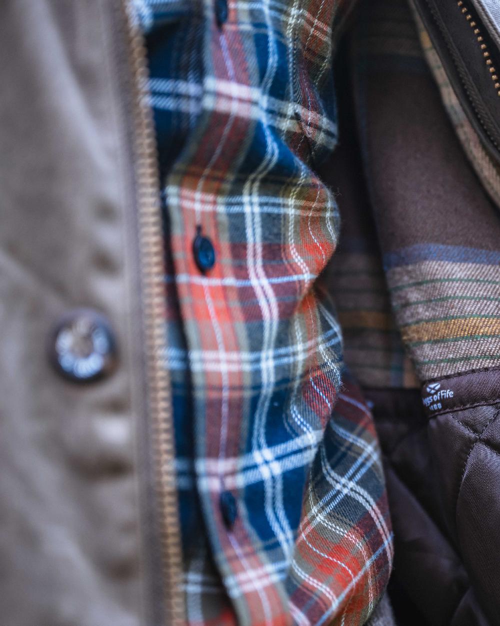 Green Rust Check Coloured Hoggs of Fife Mens Pitcairn Flannel Check Shirt on outdoor background #colour_green-rust-check