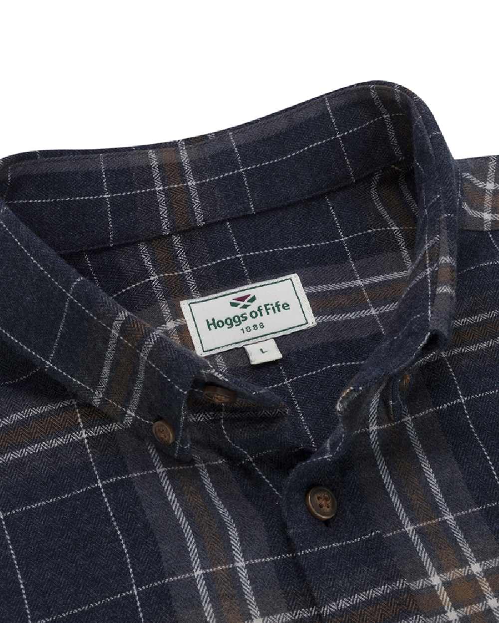 Blue Brown White coloured Hoggs of Fife Pitlessie Down Flannel Shirt on white background #colour_blue-brown-white