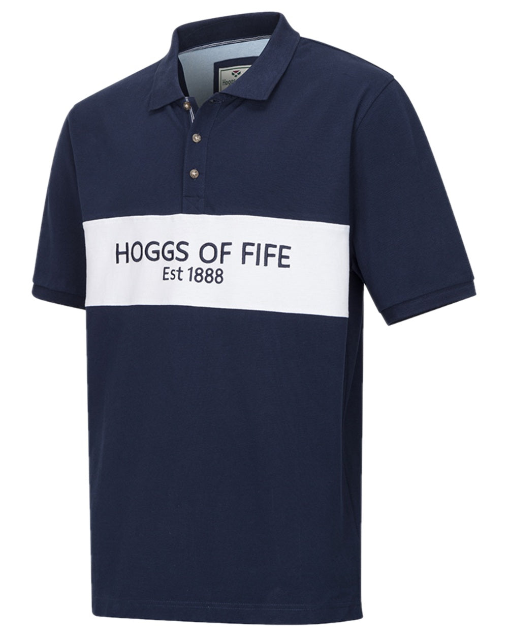 Navy Coloured Hoggs of Fife Mens Stewart Block Pique Polo Shirt on white background #colour_navy