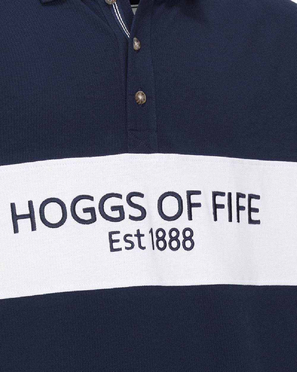Navy Coloured Hoggs of Fife Mens Stewart Block Pique Polo Shirt on white background #colour_navy