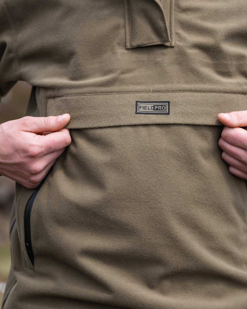Olive Coloured Hoggs of Fife Mens Torness Trilaminate Waterproof Smock on sky background #colour_olive