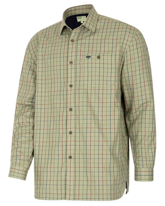 Boxwood Green Tattersall Coloured Hoggs of Fife Micro Fleece Lined Shirt on white background #colour_boxwood-green-tattersall
