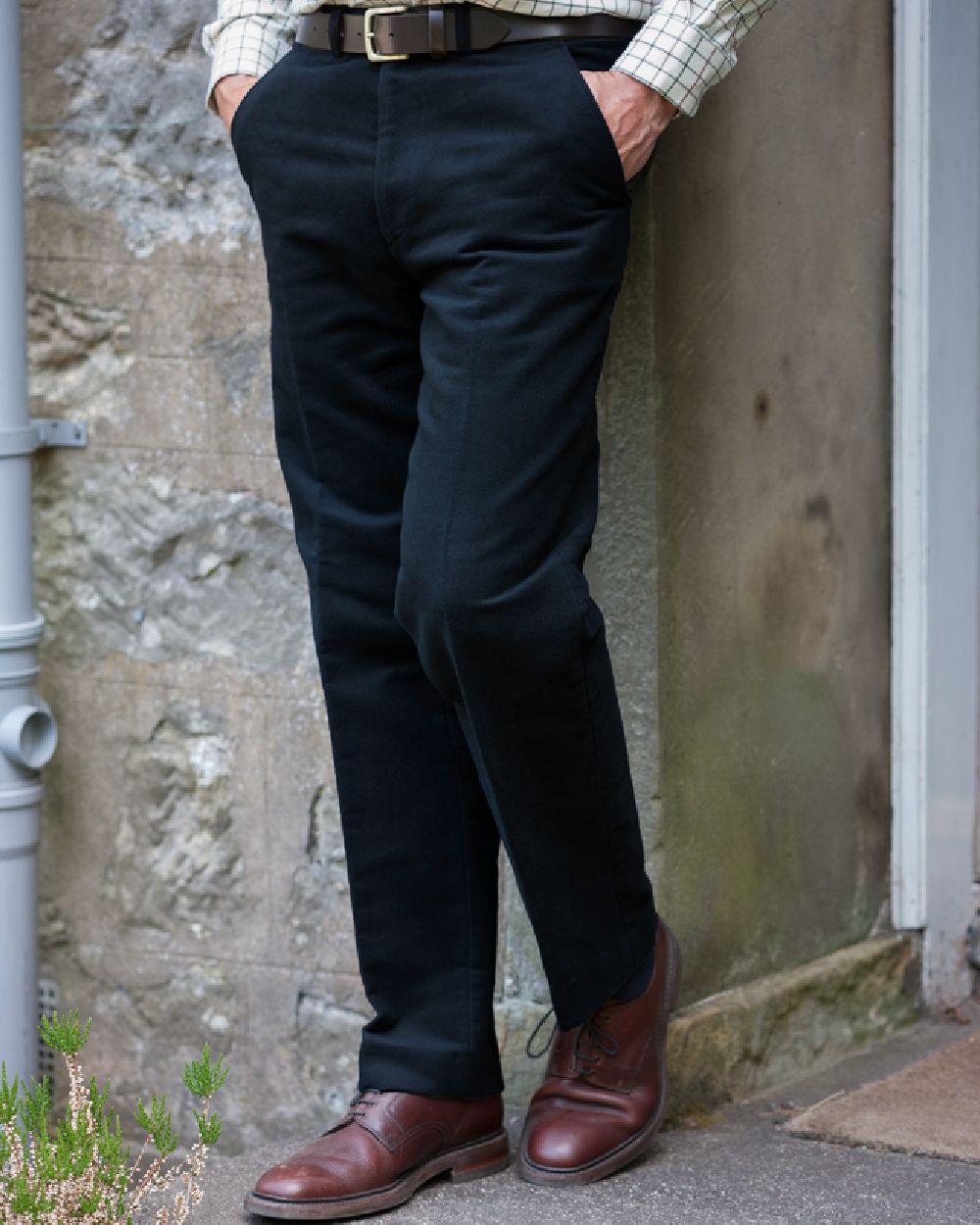 Navy Coloured Hoggs of Fife Monarch II Moleskin Jeans on wall background #colour_navy