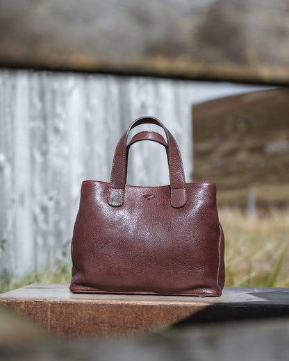 Conker Coloured Hoggs of Fife Monarch Leather Handbag on outdoor background #colour_conker