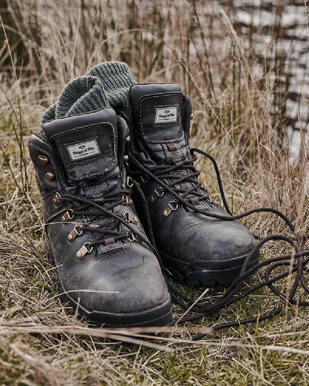 Brown Coloured Hoggs of Fife Munro Classic Leather Hiking Boots on coastal background #colour_brown