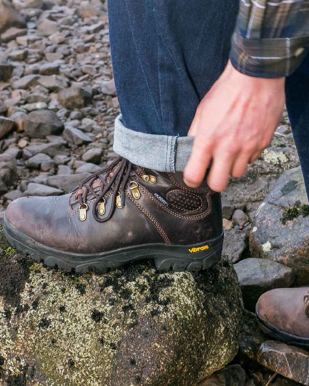 Brown Coloured Hoggs of Fife Munro Classic Leather Hiking Boots on coastal background #colour_brown