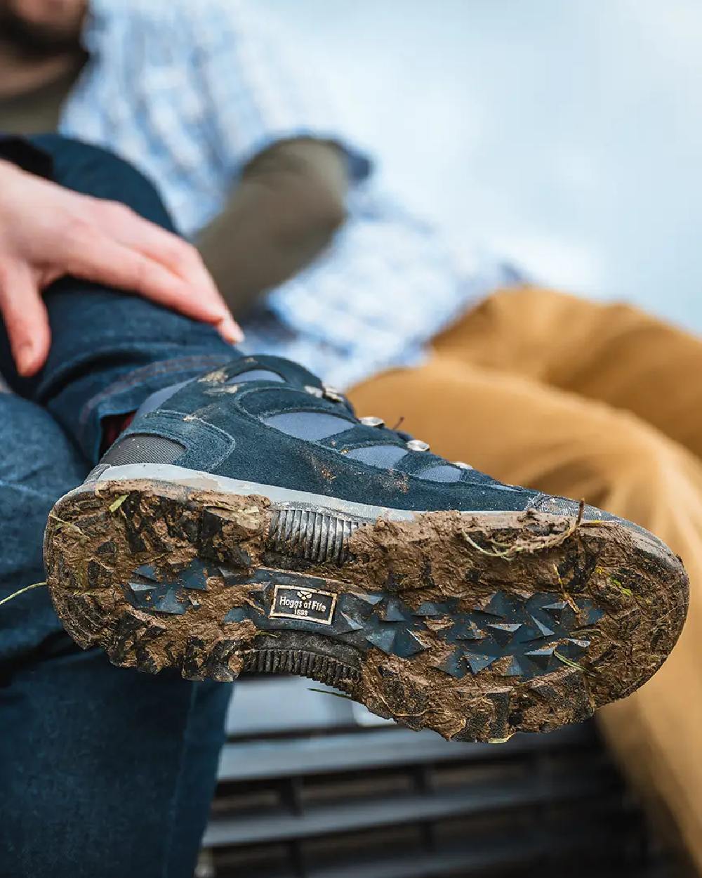 Navy Coloured Hoggs of Fife Nevis Waterproof Hiking Boots on blurry background #colour_navy