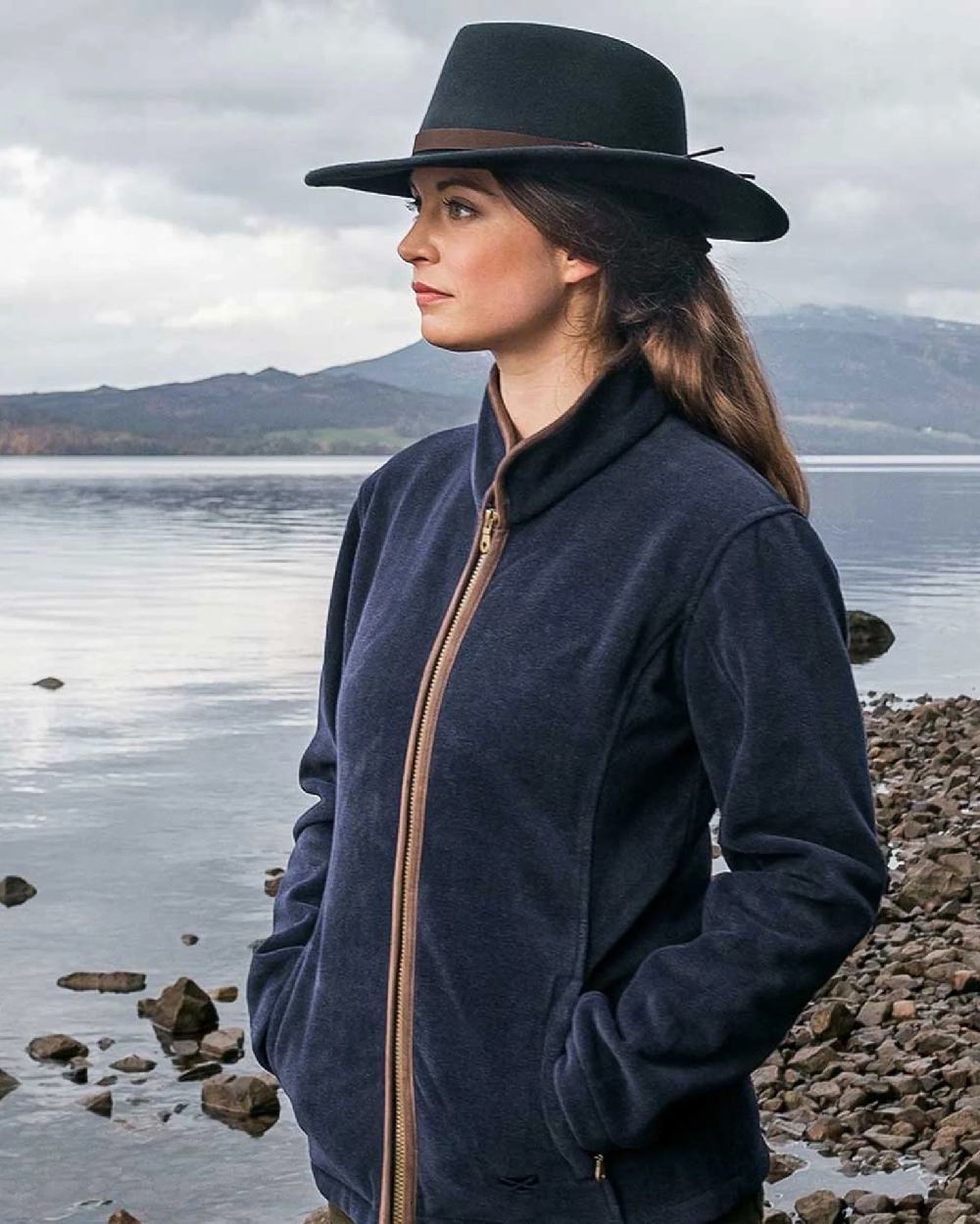 Navy Coloured Hoggs of Fife Perth Crushable Felt Hat on coastal background #colour_navy