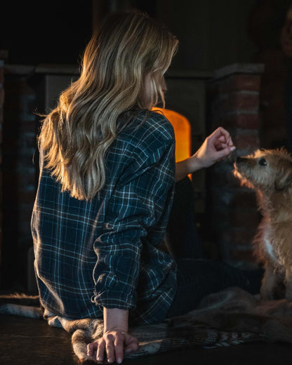 Blue Brown White coloured Hoggs of Fife Pitlessie Button Down Flannel Shirt on indoor background #colour_blue-brown-white