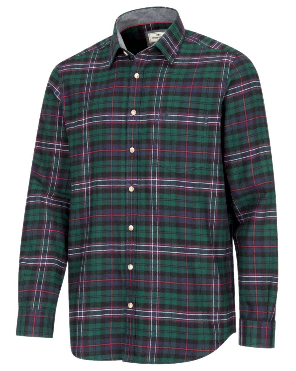 Dark Green Tartan Check Coloured Hoggs of Fife Pitscottie Flannel Shirt on white background #colour_dark-green-tartan-check