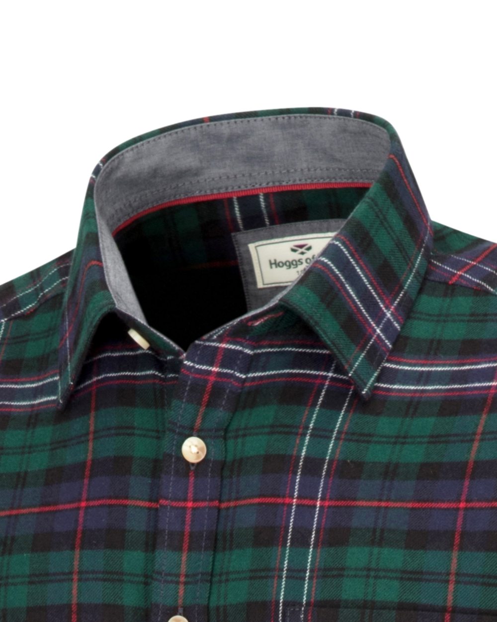 Dark Green Tartan Check Coloured Hoggs of Fife Pitscottie Flannel Shirt on white background #colour_dark-green-tartan-check