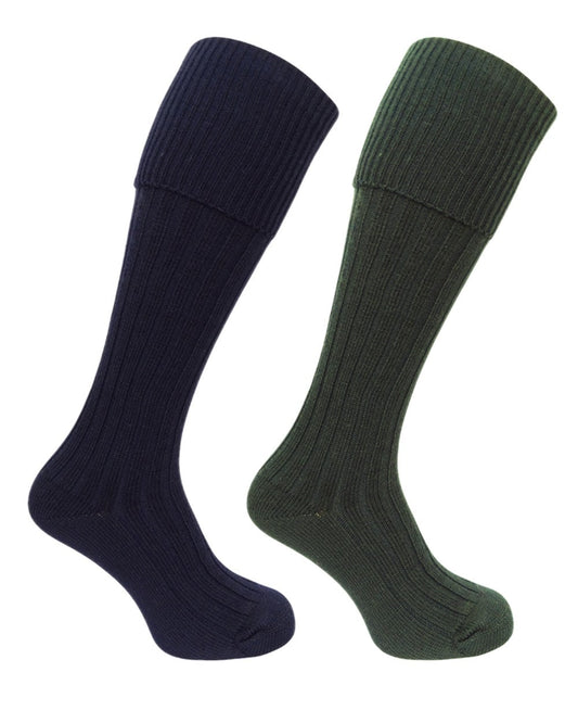 Dark Olive Dark Navy Coloured Hoggs of Fife Plain Turnover Top Stockings Twin Pack on white background #colour_dark-olive-dark-navy