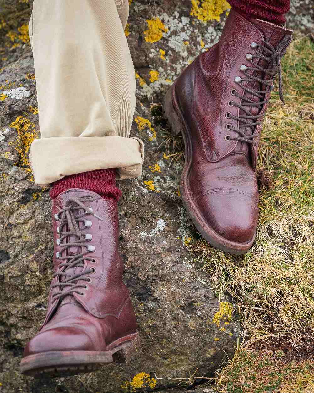 Dark Brown Coloured Hoggs of Fife Rannoch Veldtschoen Lace Boot on land background #colour_dark-brown