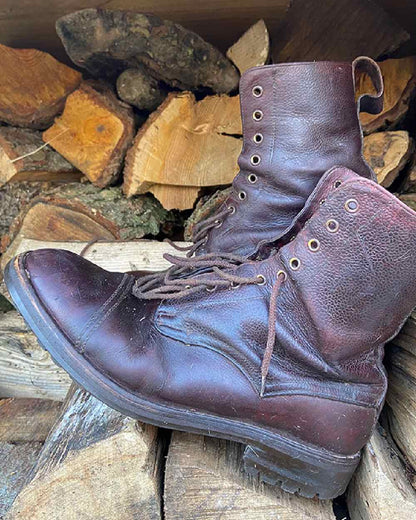 Dark Brown Coloured Hoggs of Fife Rannoch Veldtschoen Lace Boot on wood background #colour_dark-brown