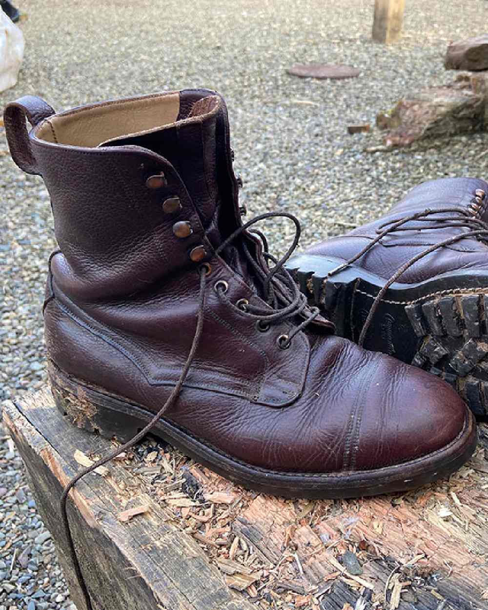 Dark Brown Coloured Hoggs of Fife Rannoch Veldtschoen Lace Boot on wood background #colour_dark-brown