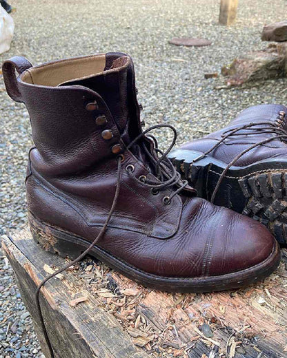 Dark Brown Coloured Hoggs of Fife Rannoch Veldtschoen Lace Boot on wood background #colour_dark-brown