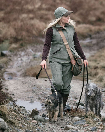 Spring Bracken Coloured Hoggs of Fife Roslin Ladies Technical Tweed Breeks on countryside background #colour_spring-bracken