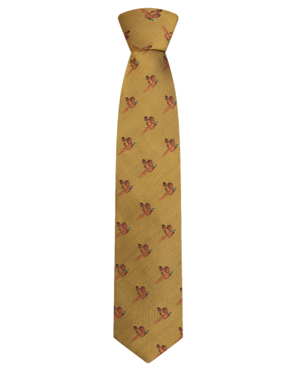 Gold Coloured Hoggs of Fife Silk Woven Tie Pheasants Boxed on white background #colour_gold