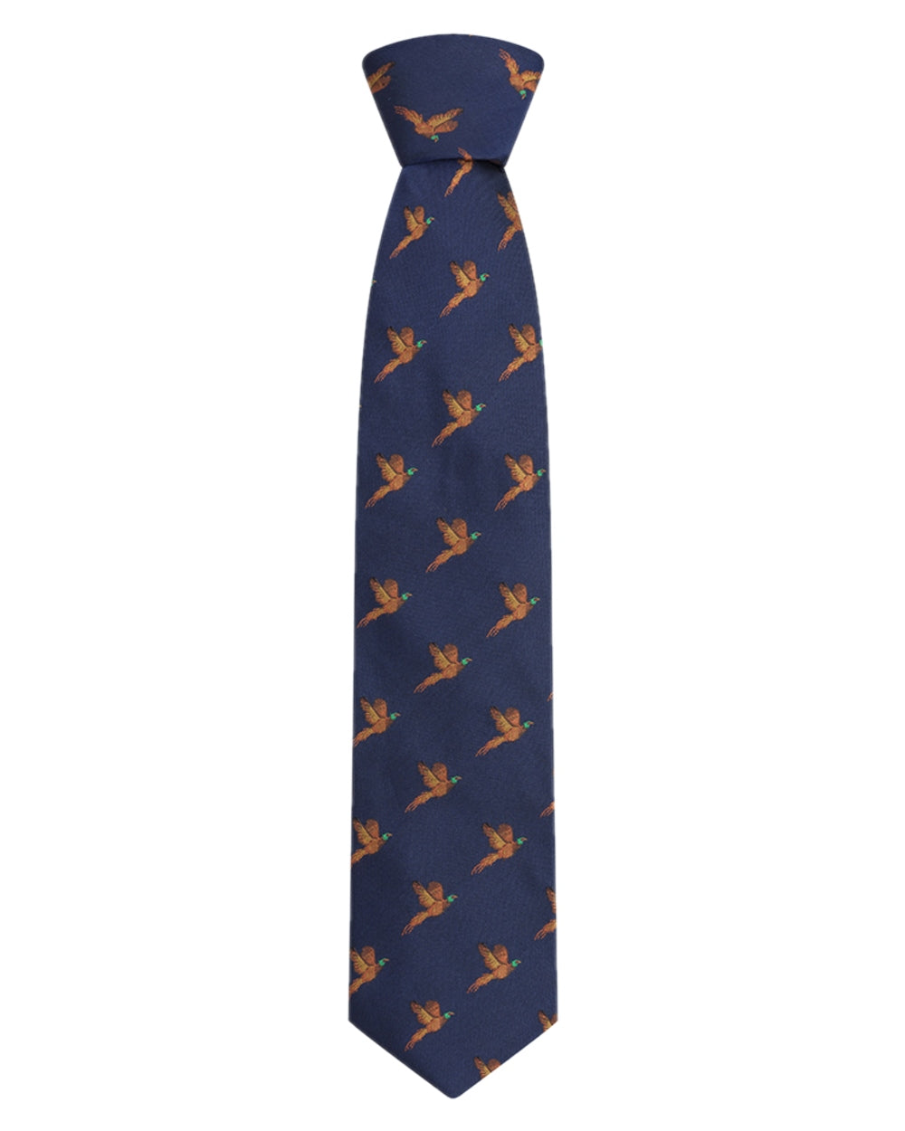 Navy Coloured Hoggs of Fife Silk Woven Tie Pheasants Boxed on white background #colour_navy