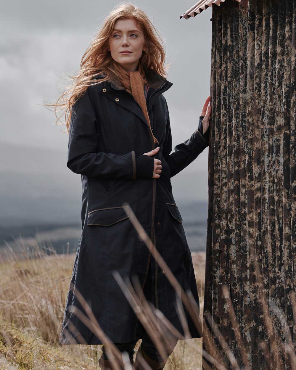 Navy Coloured Hoggs of Fife Struther Ladies Long Riding Coat on sky background #colour_navy