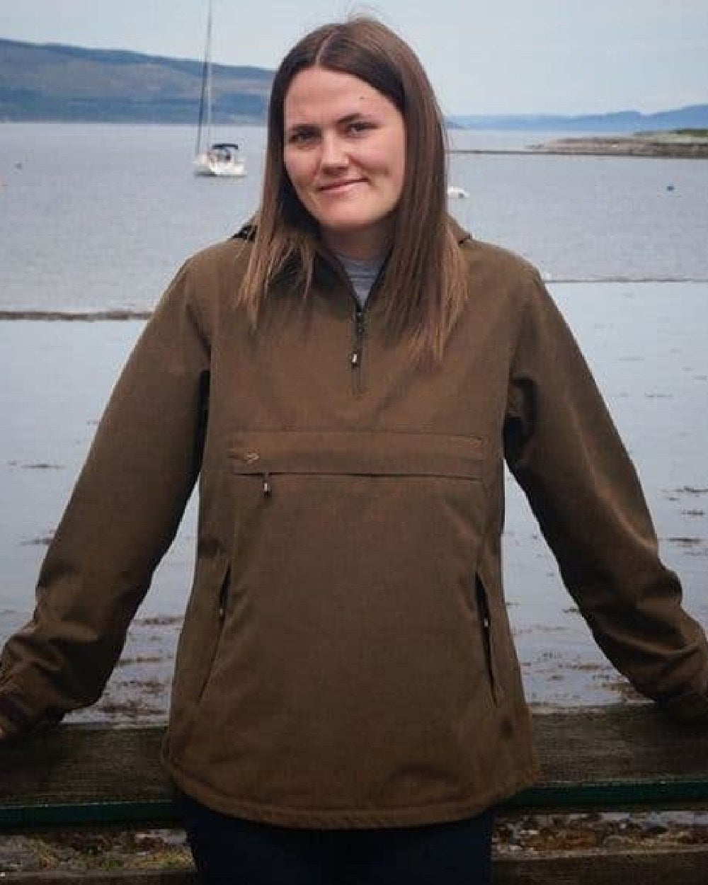 Sage Coloured Hoggs of Fife Struther Ladies Smock Field Jacket on sea background #colour_sage