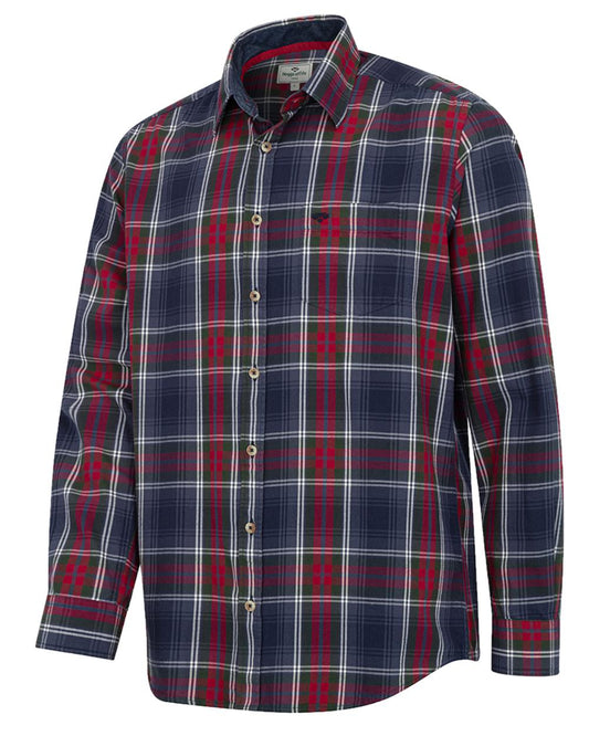 Navy Green Wine coloured Hoggs of Fife Taransay Plaid Twill Shirt on white background #colour_navy-green-wine