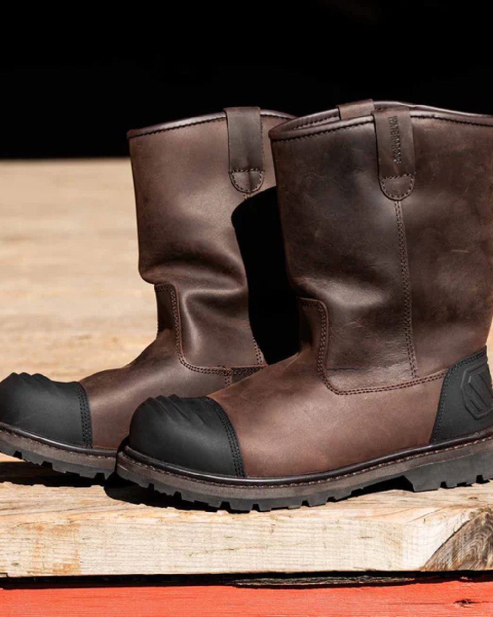 Brown Coloured Hoggs of Fife Thor Safety Rigger Boots on wood background #colour_brown