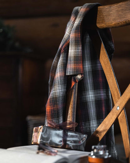 Rust Olive Navy coloured Hoggs of Fife Tiree Herringbone Check Shirt on indoor background #colour_rust-olive-navy