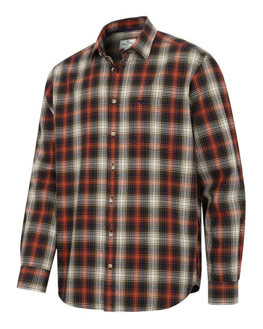 Rust Olive Navy coloured Hoggs of Fife Tiree Herringbone Check Shirt on white background #colour_rust-olive-navy