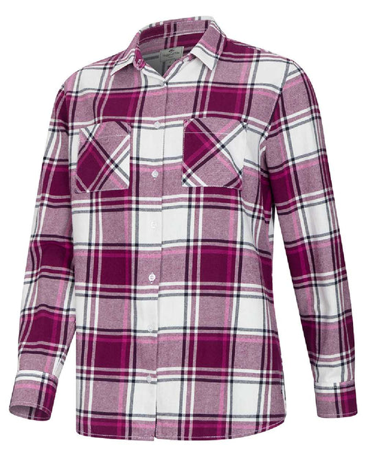 Berry Check Coloured Hoggs of Fife Womens Caitlyn Oversized Flannel Shirt on white background #colour_berry-check