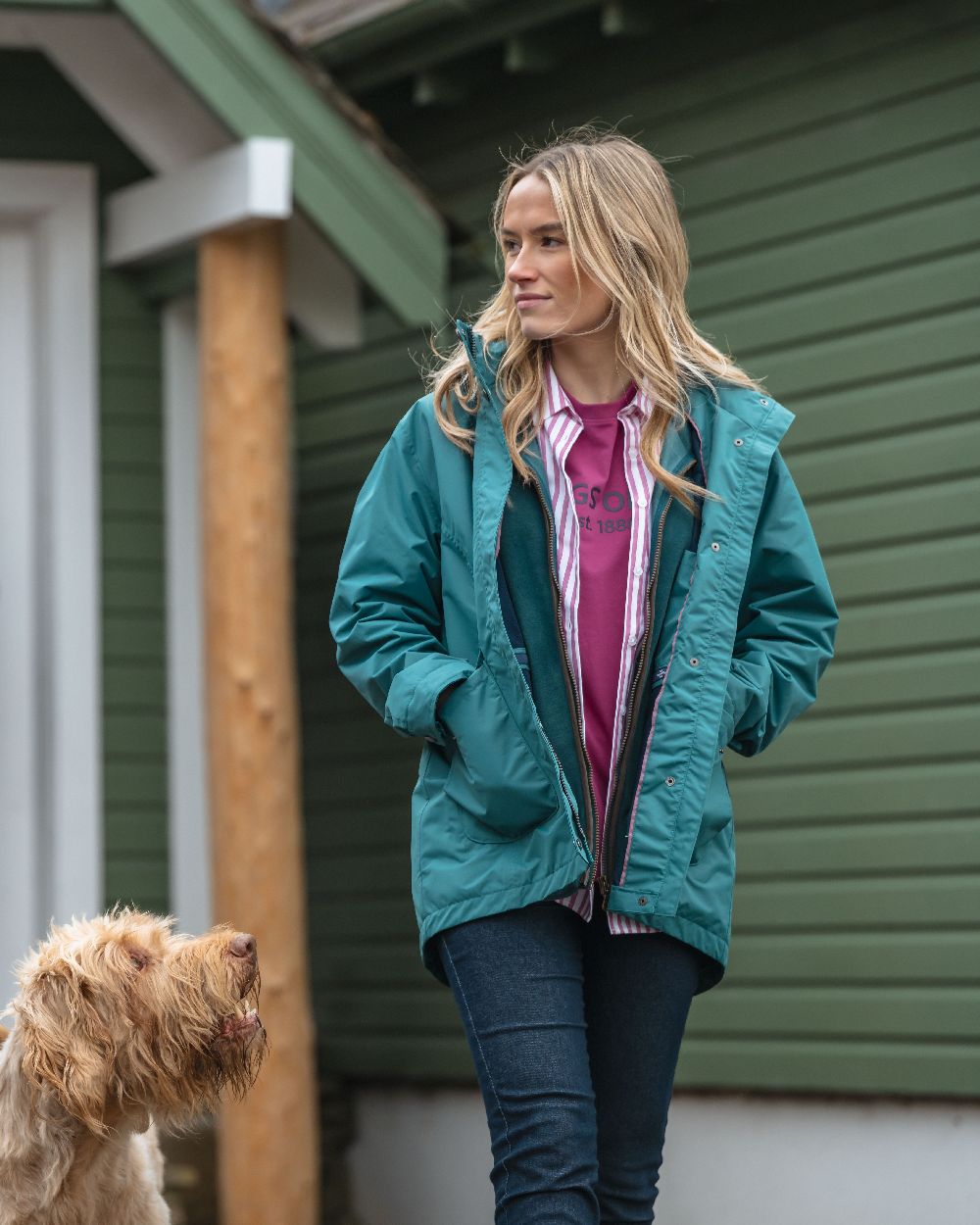 Teal Coloured Hoggs of Fife Womens Fara Waterproof Jacket on countryside background #colour_teal