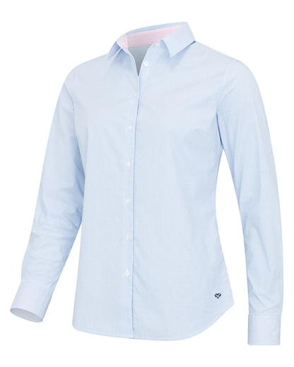 Blue White Coloured Hoggs of Fife Womens Ingliston Stretch Stripe Shirt on white background #colour_blue-white
