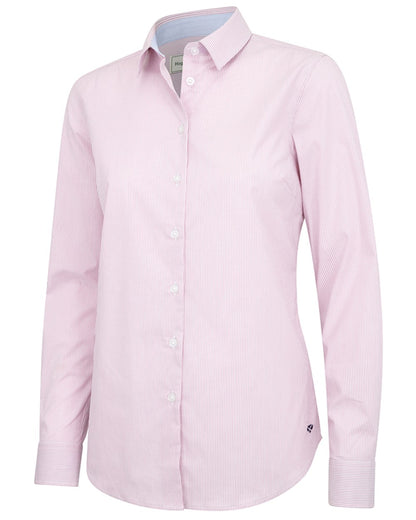 Pink White coloured Hoggs of Fife Womens Ingliston Stretch Stripe Shirt on white background #colour_pink-white