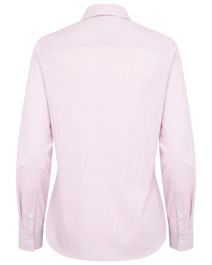 Pink White coloured Hoggs of Fife Womens Ingliston Stretch Stripe Shirt on white background #colour_pink-white