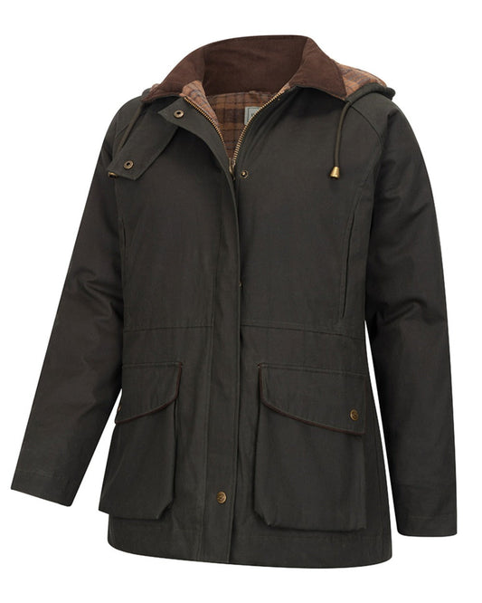 Forest Green Coloured Hoggs of Fife Womens Kelso Waterproof Waxed Jacket on white background #colour_forest-green