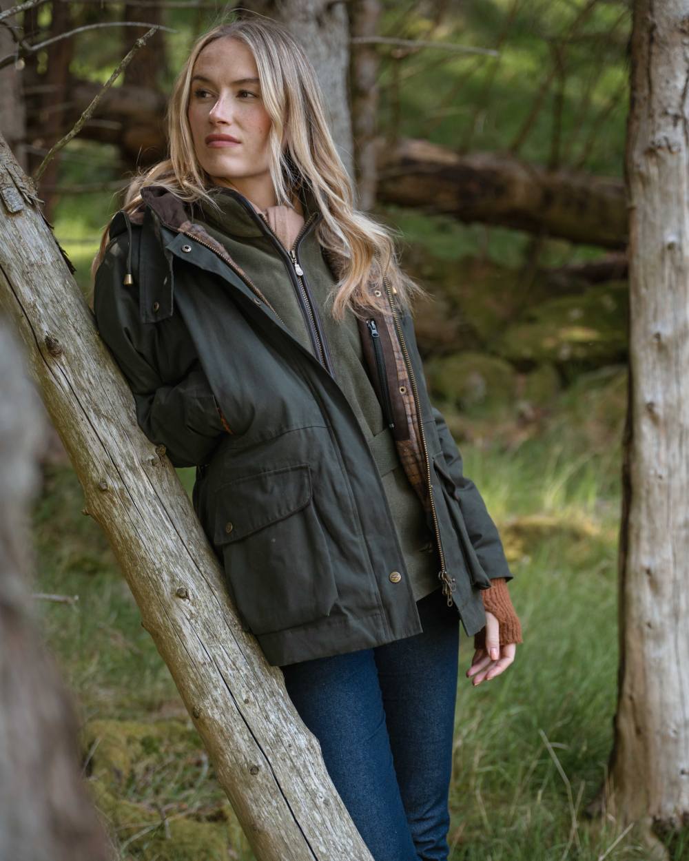 Forest Green Coloured Hoggs of Fife Womens Kelso Waterproof Waxed Jacket on outdoor background #colour_forest-green