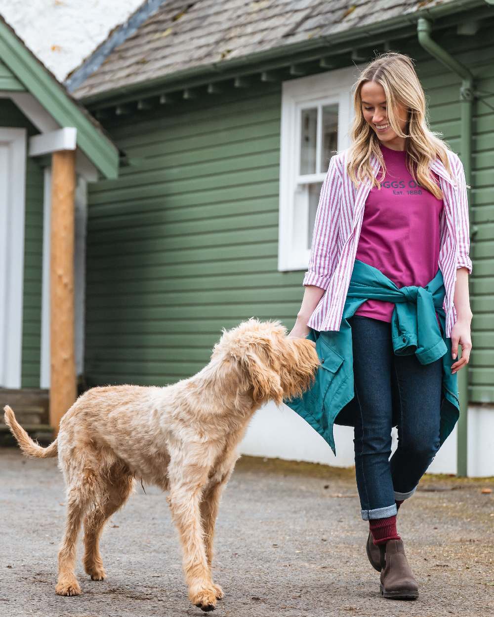 Berry Coloured Hoggs of Fife Womens Sophia Oversized Stripe Shirt on outdoor background #colour_berry