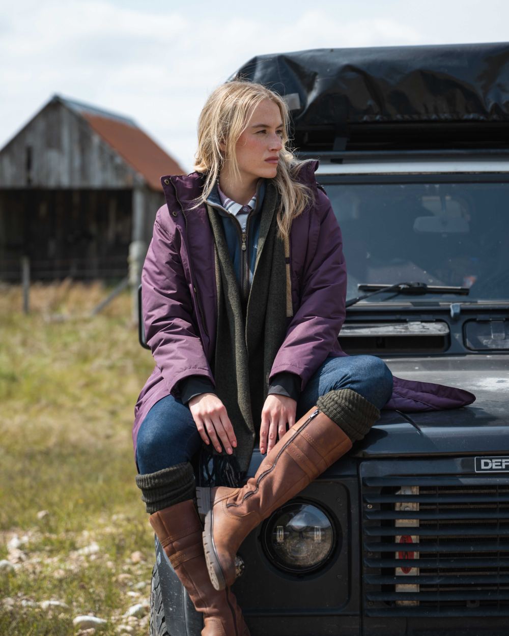 Black Berry Coloured Hoggs of Fife Womens Walker Long Coat on outdoor background #colour_black-berry