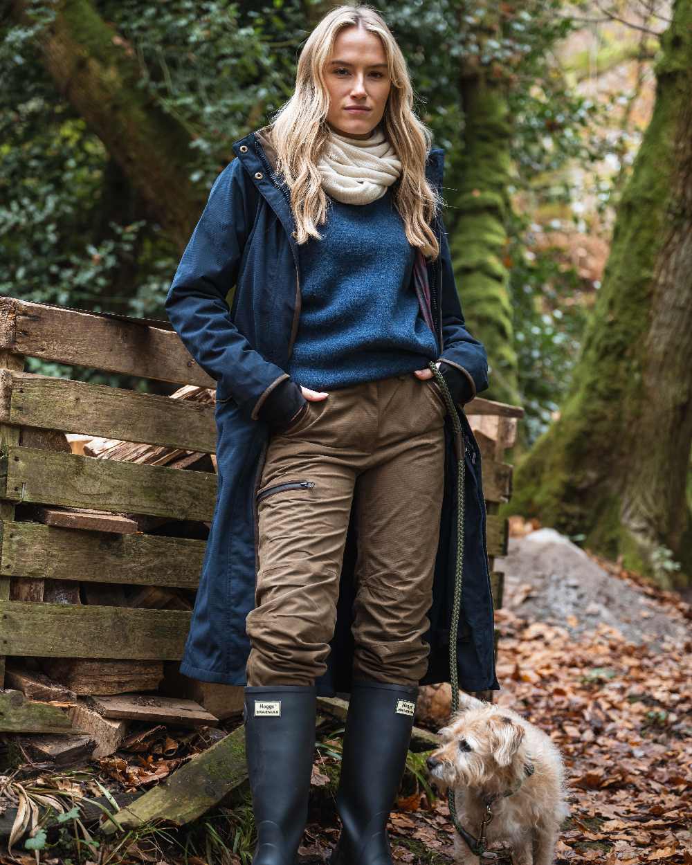 Navy coloured Hoggs of Fife Womens Walker Long Coat on forest background #colour_navy