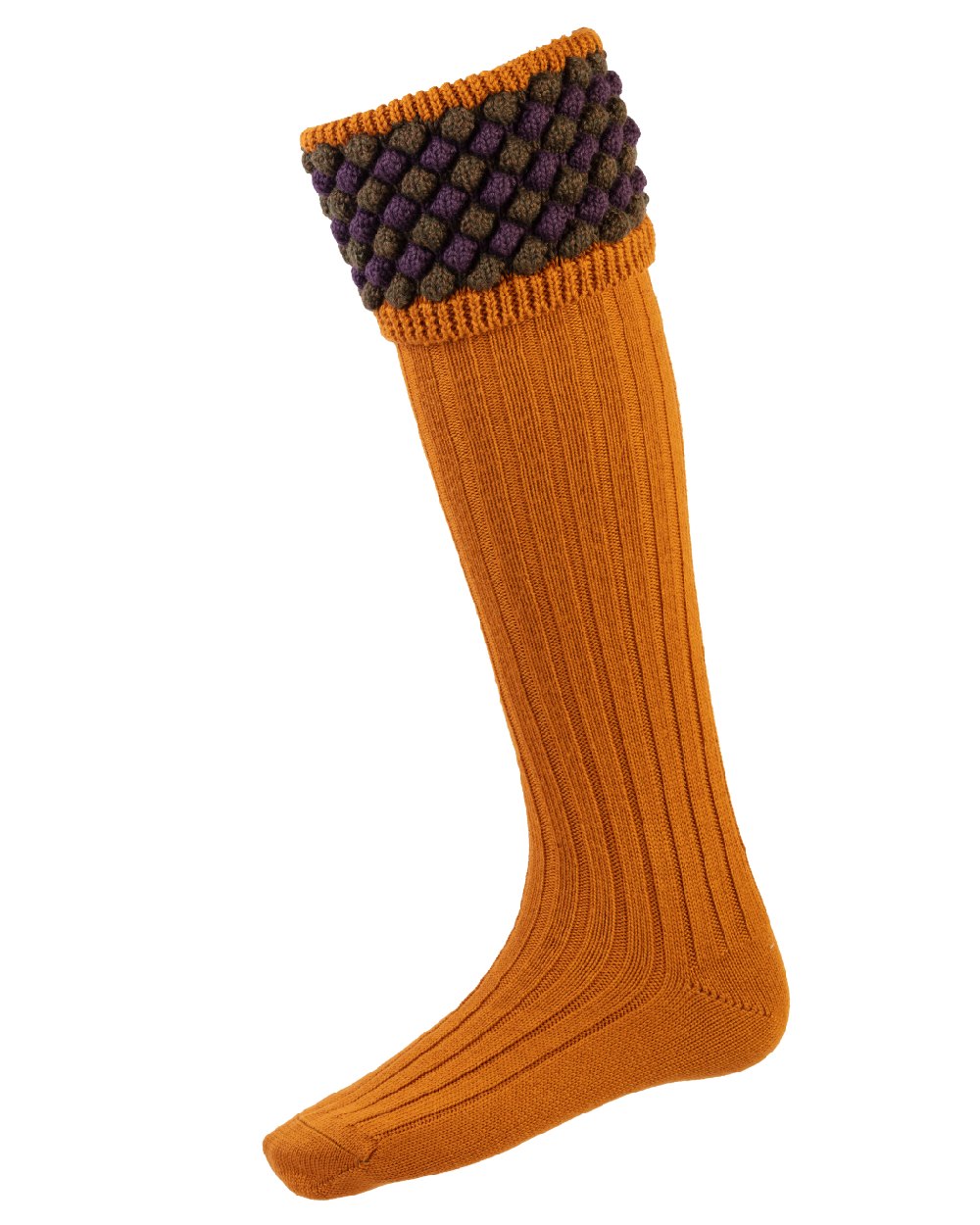 Ochre coloured House of Cheviot Angus Socks on white background #colour_ochre