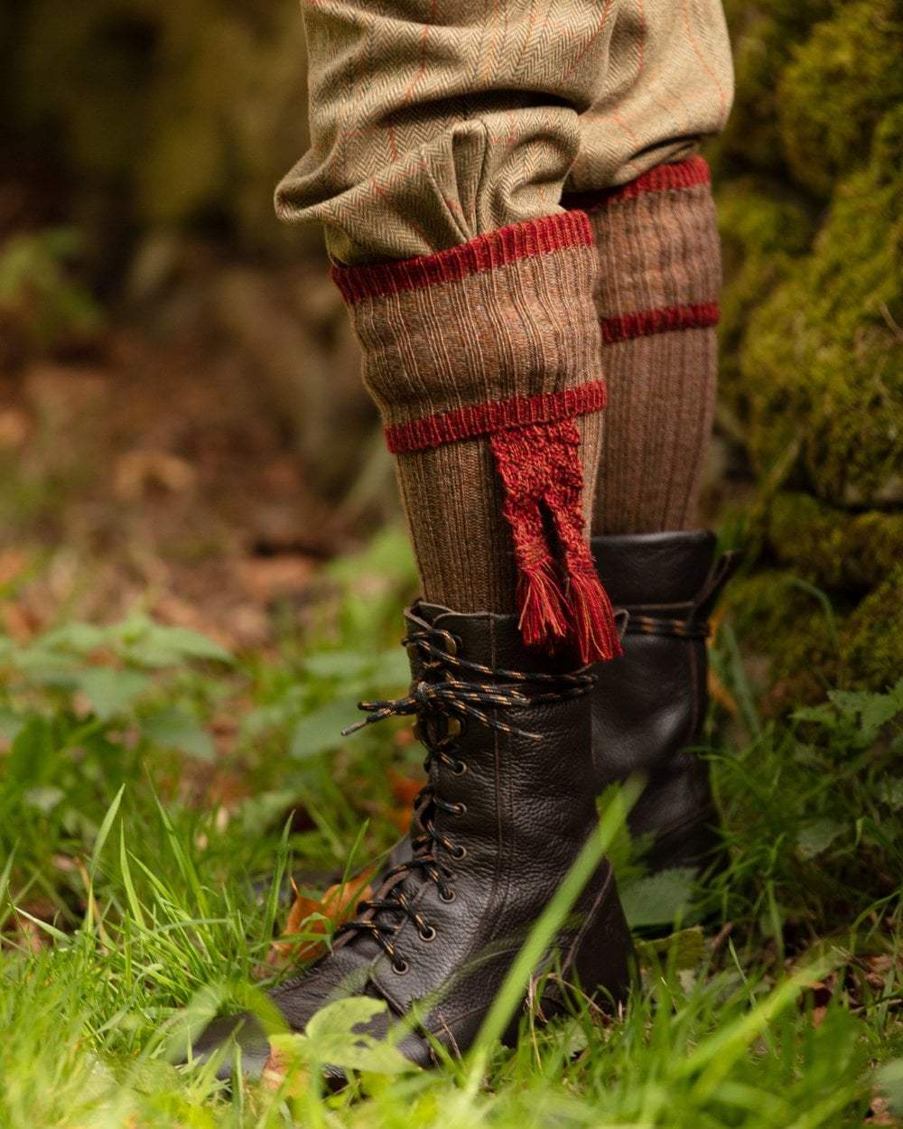 Hazelnut coloured House of Cheviot Kyle Socks on field background #colour_hazelnut