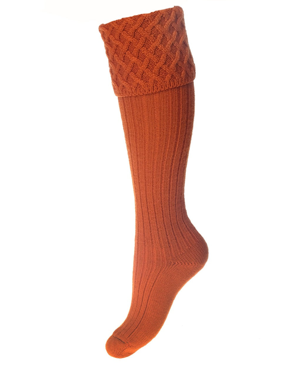 Burnt Orange coloured House of Cheviot Lady Rannoch Socks on white background #colour_burnt-orange