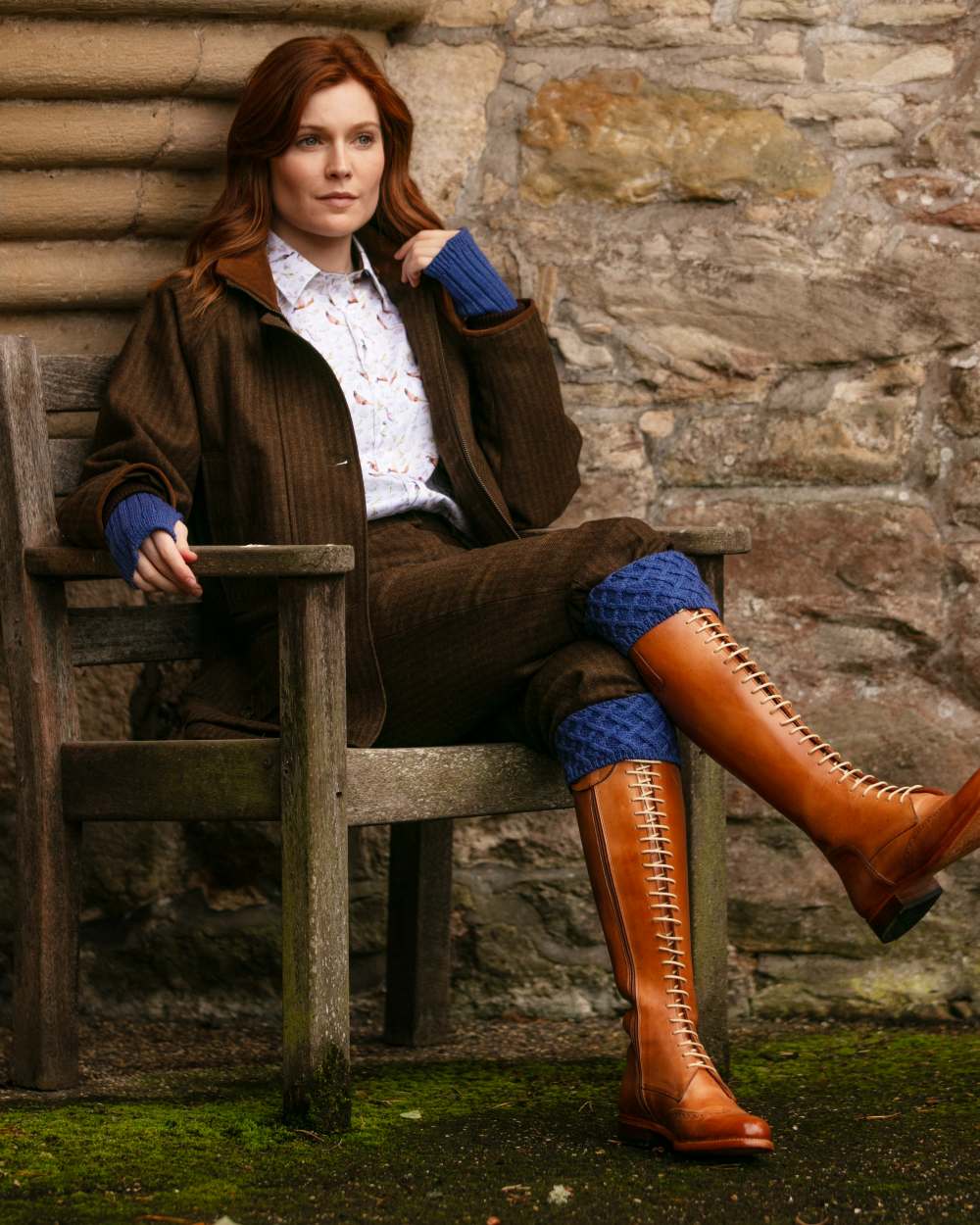 Denim coloured House of Cheviot Lady Rannoch Socks on outdoor background #colour_denim