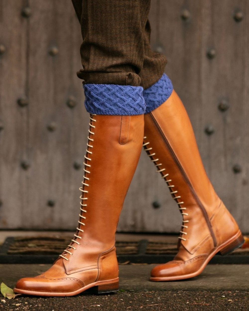 Denim coloured House of Cheviot Lady Rannoch Socks on outdoor background #colour_denim