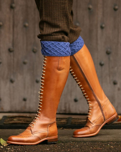 Denim coloured House of Cheviot Lady Rannoch Socks on outdoor background #colour_denim