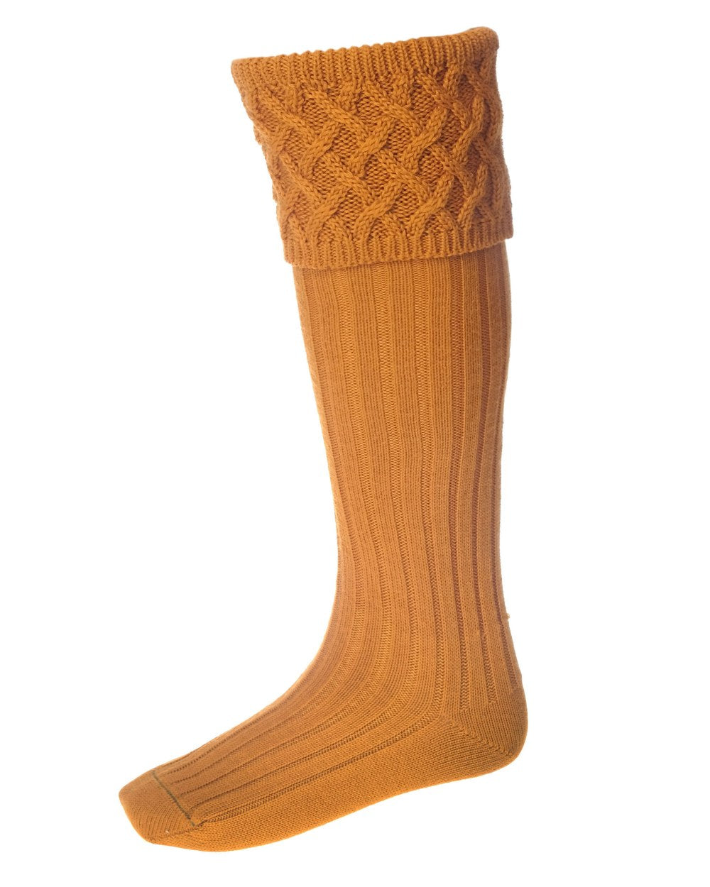Ochre coloured House of Cheviot Rannoch Socks on white background #colour_ochre