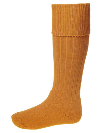 Ochre coloured House of Cheviot Scarba Socks on white background #colour_ochre
