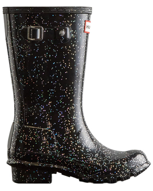 Black Coloured Hunter Big Kids Giant Glitter Wellingtons Boots on white background #colour_black